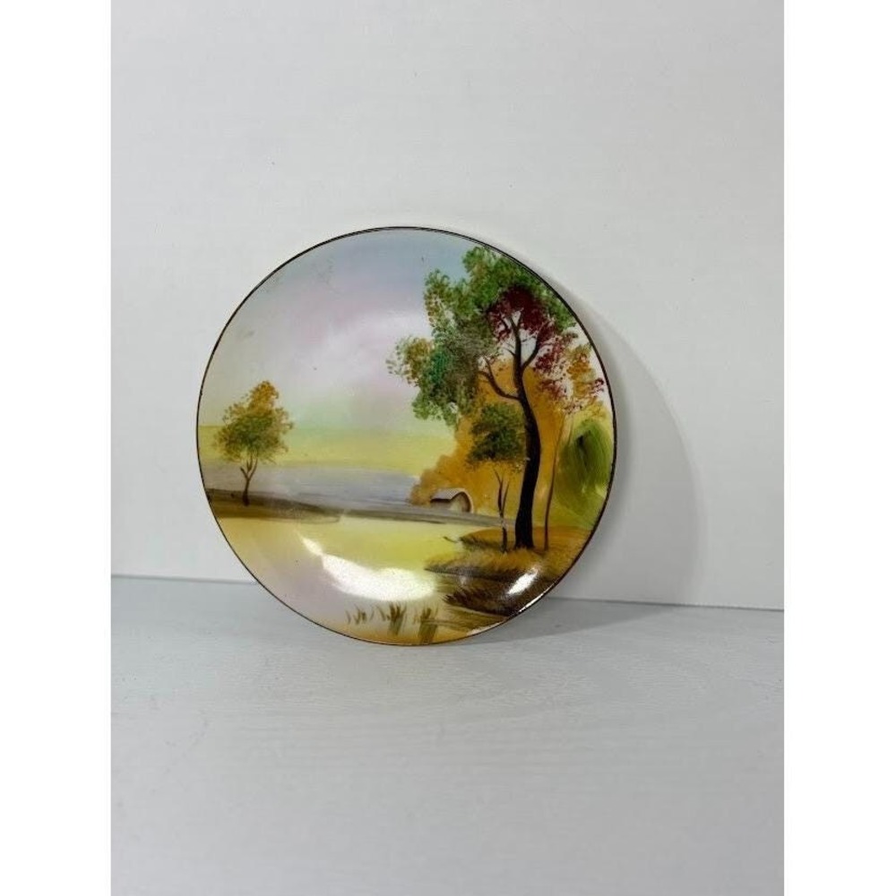 Antique Nippon Hand Painted Scenic Barn Scene Plate Green makers mark